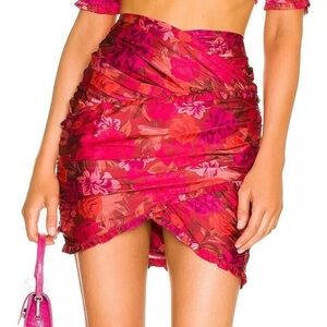 For Love And Lemons Alia Red and Pink Ruched Mini Pencil Skirt
